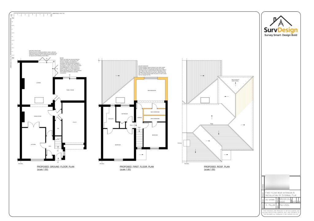 Proposed floor plans of a first floor extension in Surrey