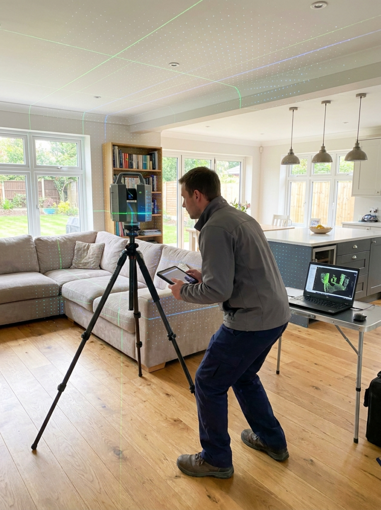 Basildon Architect carrying out a LiDAR measured survey inside a residential property