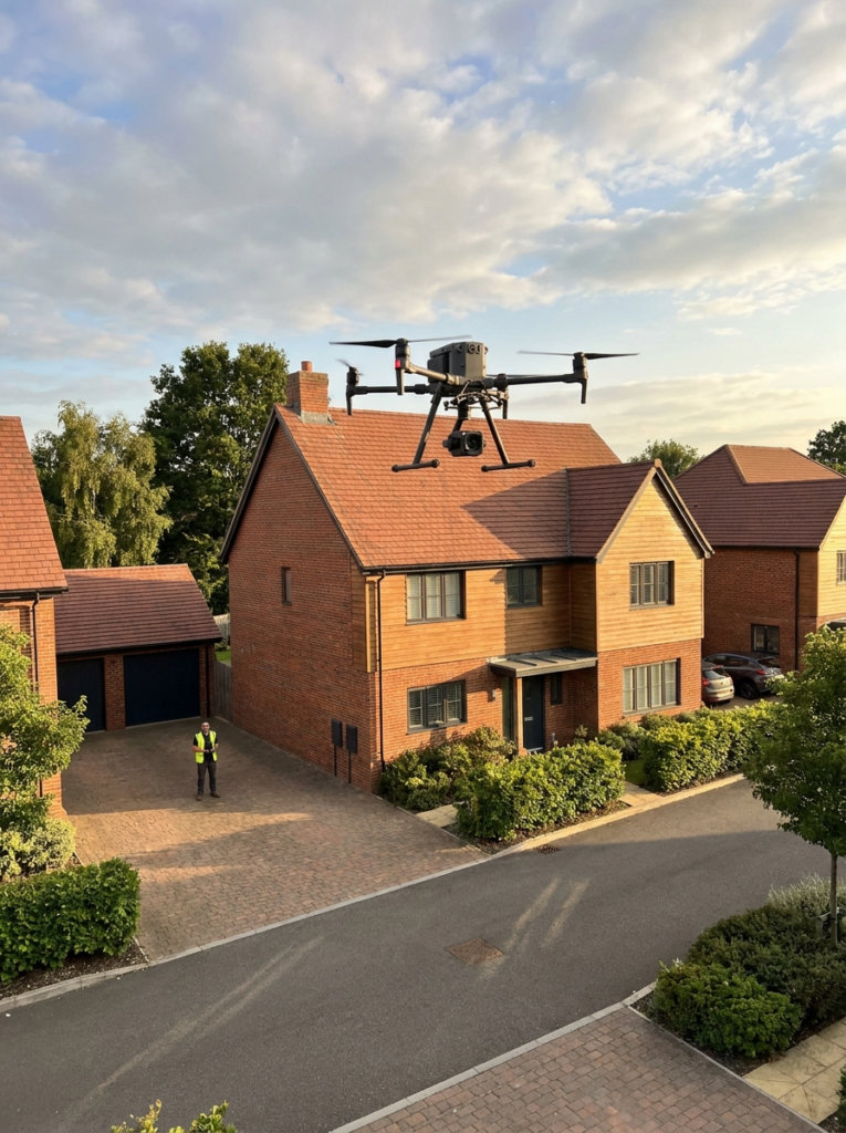 Drone surveys in Basildon showing an aerial inspection of a residential property roof and upper elevations