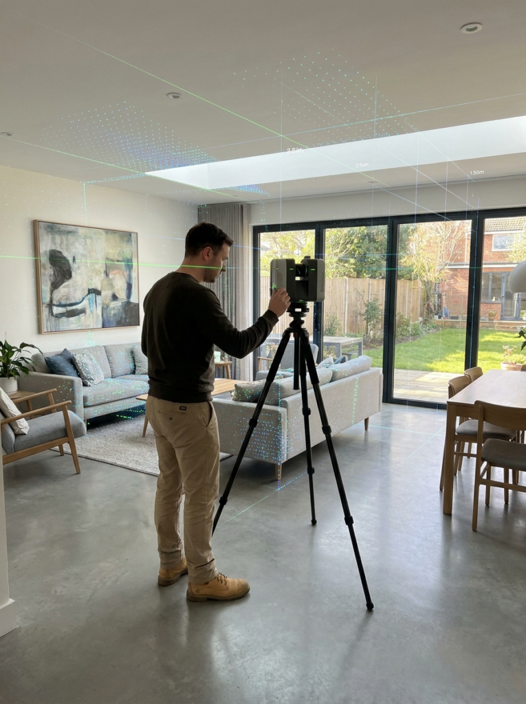 LiDAR measured building surveys in Basildon with a surveyor capturing accurate point cloud data inside a property.