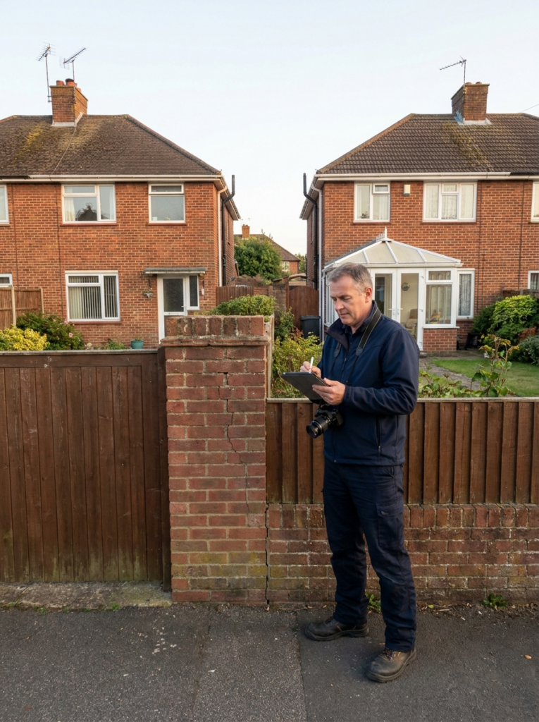 Party Wall surveying services in Basildon with a surveyor inspecting neighbouring residential properties.