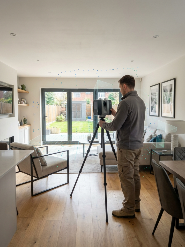 Benfleet Architect carrying out a LiDAR measured survey inside a residential property