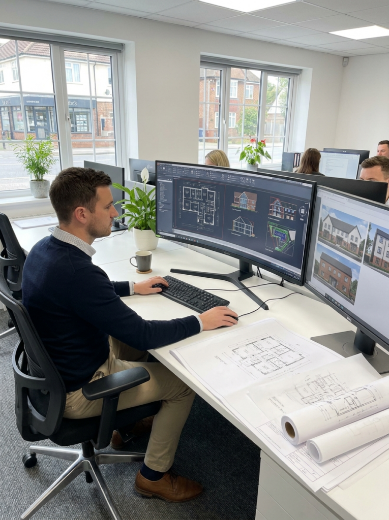 CAD design services in Benfleet with professional floor plans and elevation drawings in progress.