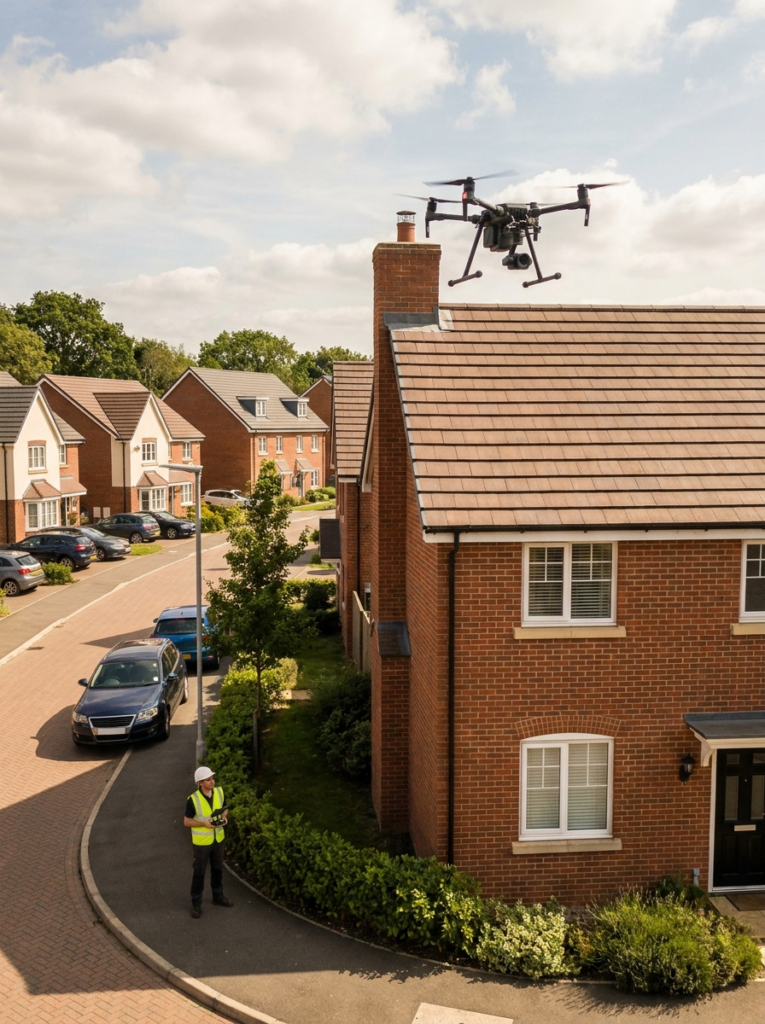 Drone surveys in Benfleet showing an aerial inspection of a residential property roof and upper elevations.