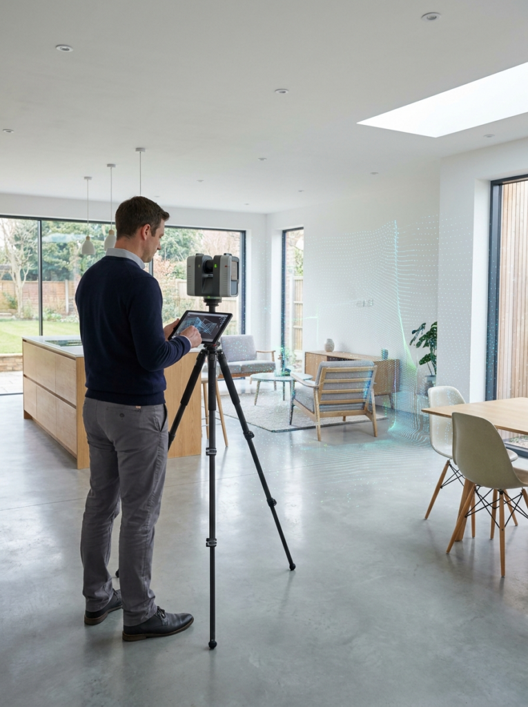 LiDAR measured building surveys in Benfleet with a surveyor capturing accurate point cloud data inside a property.