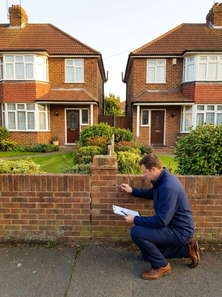 Party Wall surveying services in Benfleet with a surveyor inspecting neighbouring residential properties.