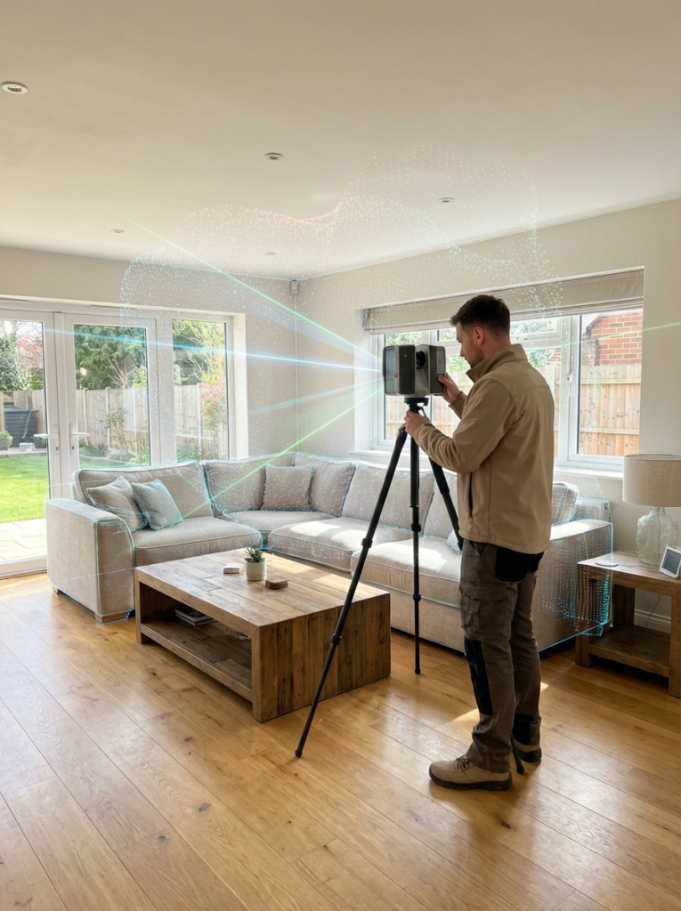 Brentwood Architect carrying out a LiDAR measured survey inside a residential property
