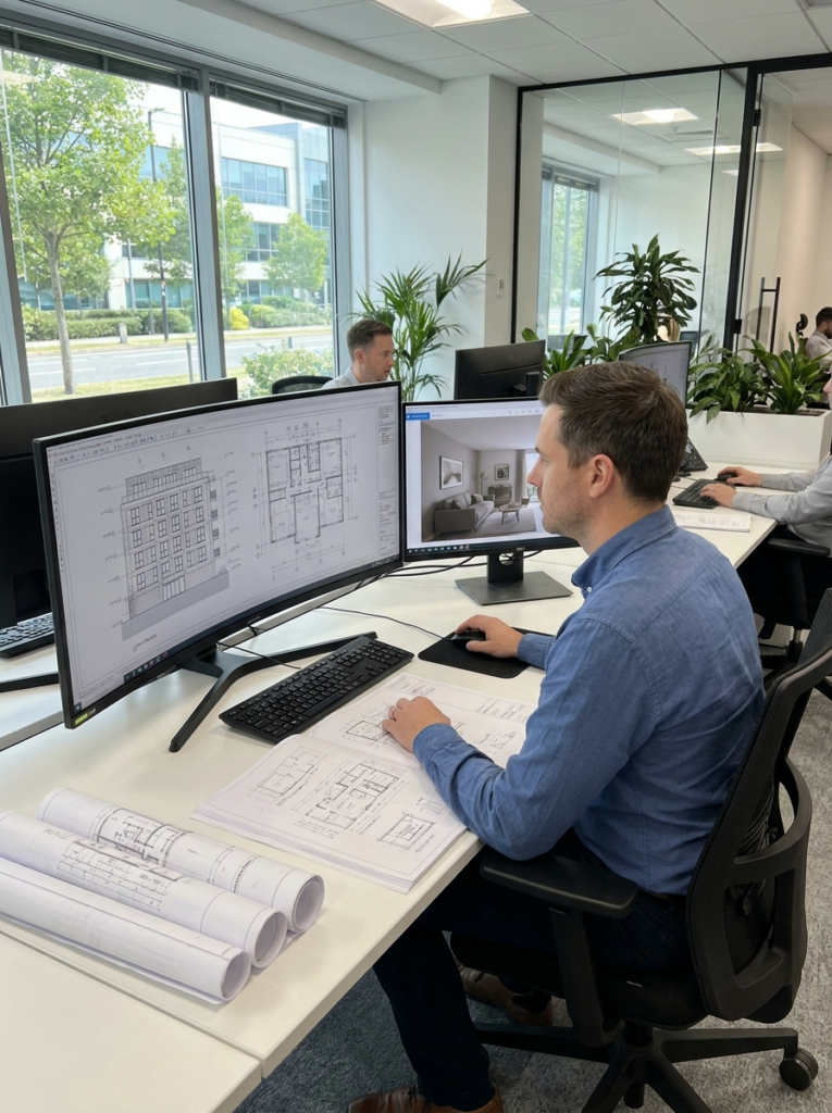 CAD design services in Brentwood with professional floor plans and elevation drawings in progress