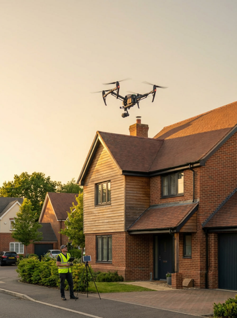 Drone surveys in Brentwood showing an aerial inspection of a residential property roof and upper elevations