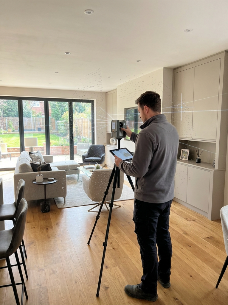 LiDAR measured building surveys in Brentwood with a surveyor capturing accurate point cloud data inside a property