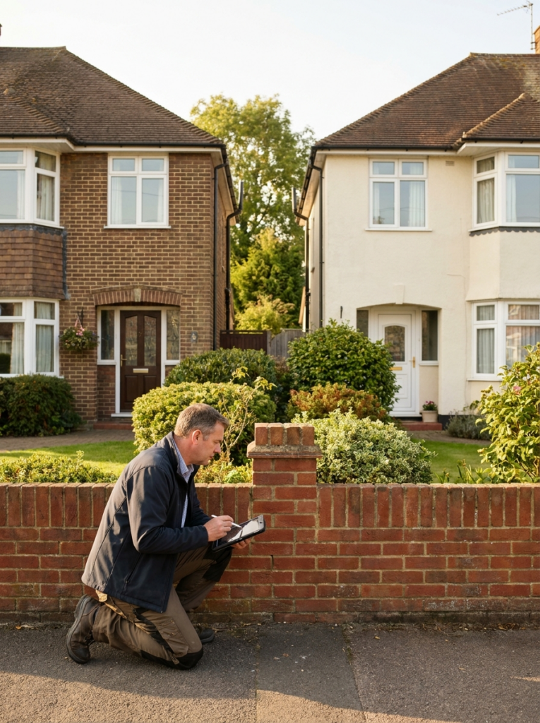 Party Wall surveying services in Brentwood with a surveyor inspecting neighbouring residential properties.