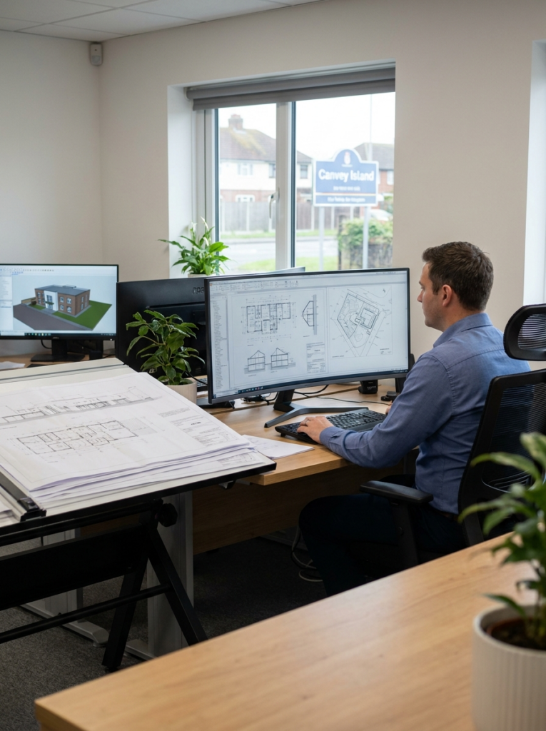 CAD design services in Canvey Island with professional floor plans and elevation drawings in progress.