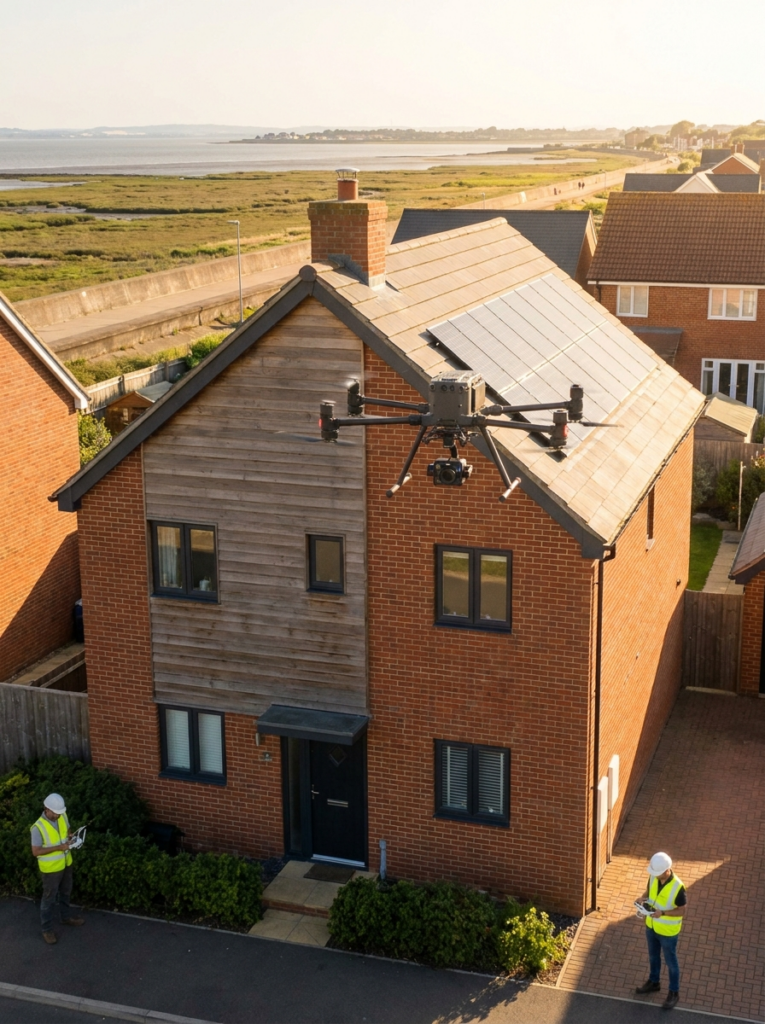 Drone surveys in Canvey Island showing an aerial inspection of a residential property roof and upper elevations.