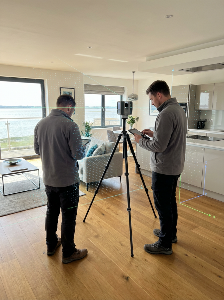 LiDAR measured building surveys in Canvey Island with a surveyor capturing accurate point cloud data inside a property.