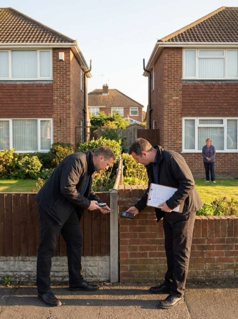 Party Wall surveying services in Canvey Island with a surveyor inspecting neighbouring residential properties.
