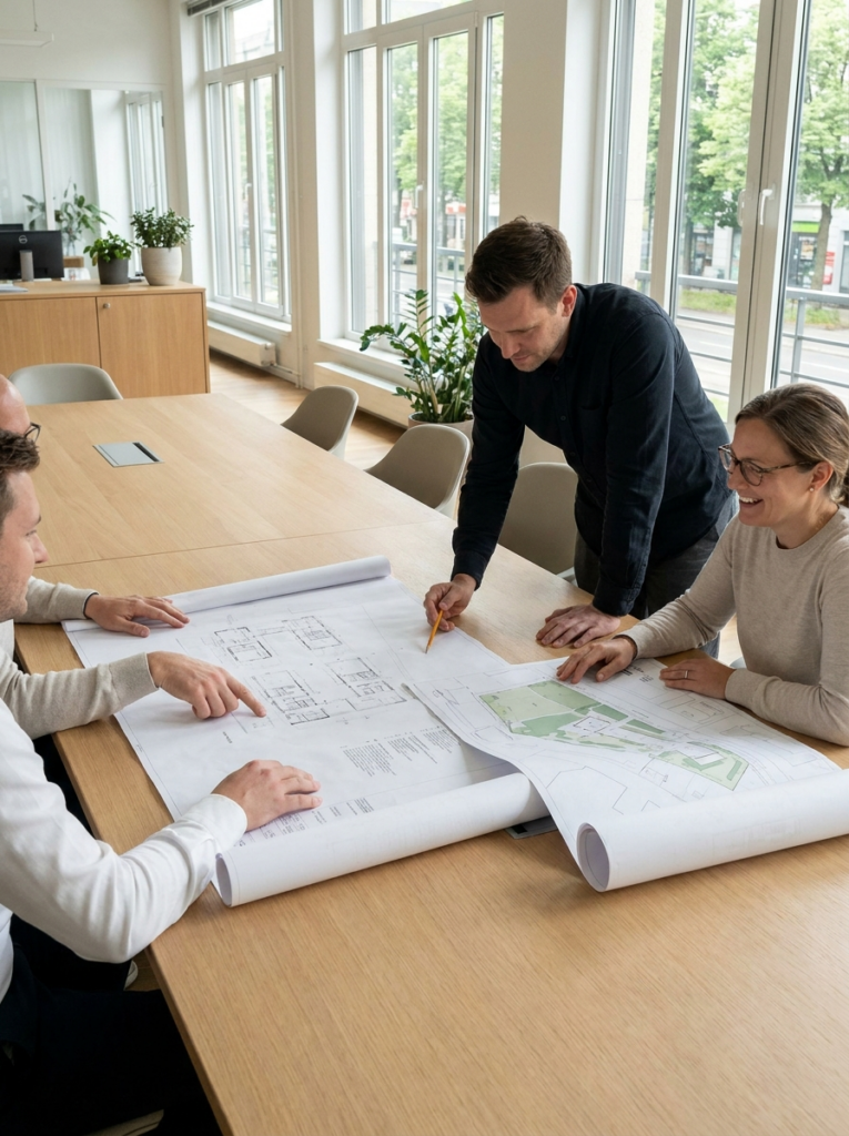 Chelmsford Architect discussing residential plans during a home design meeting