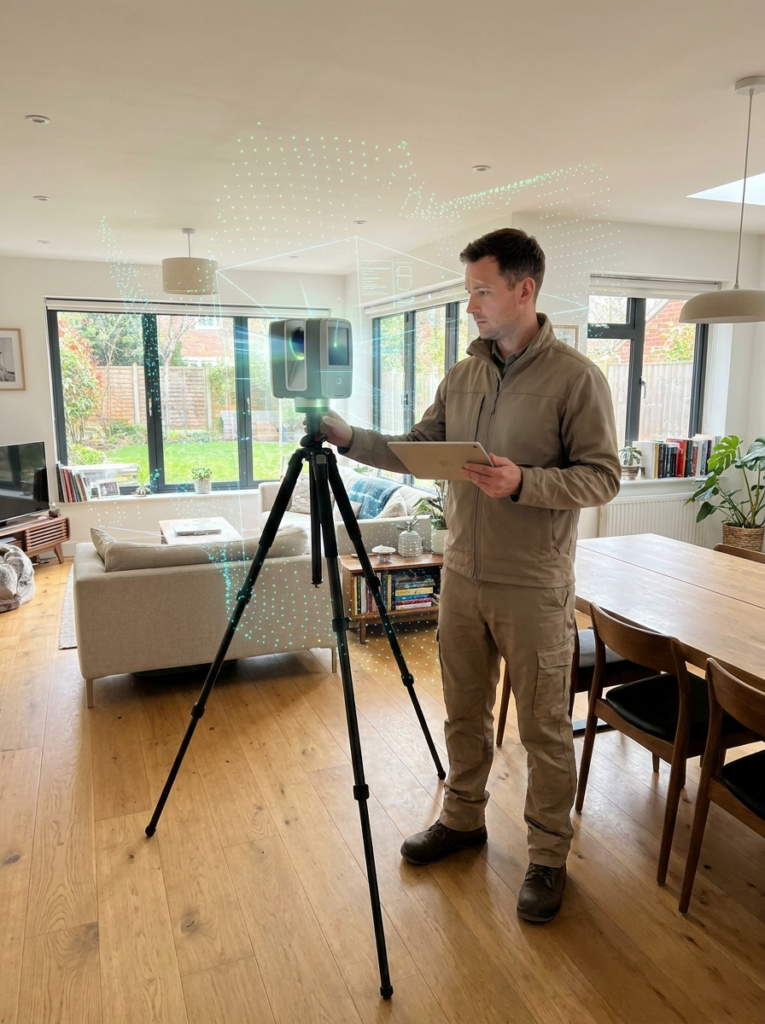 Chelmsford Architect carrying out a LiDAR measured survey inside a residential property
