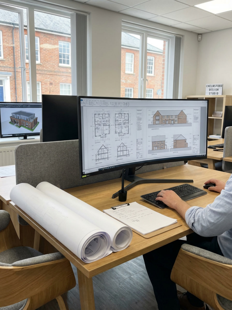 CAD design services in Chelmsford with professional floor plans and elevation drawings in progress.