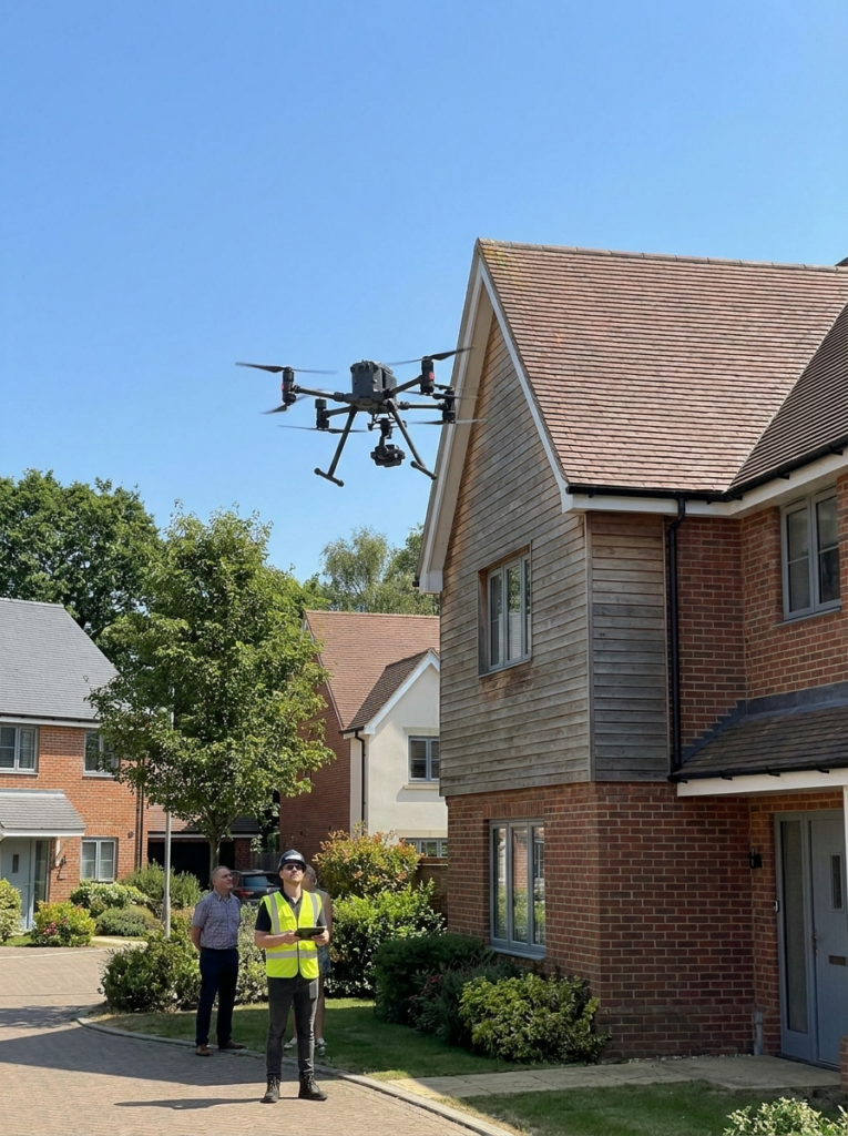 Drone surveys in Chelmsford showing an aerial inspection of a residential property roof and upper elevations.