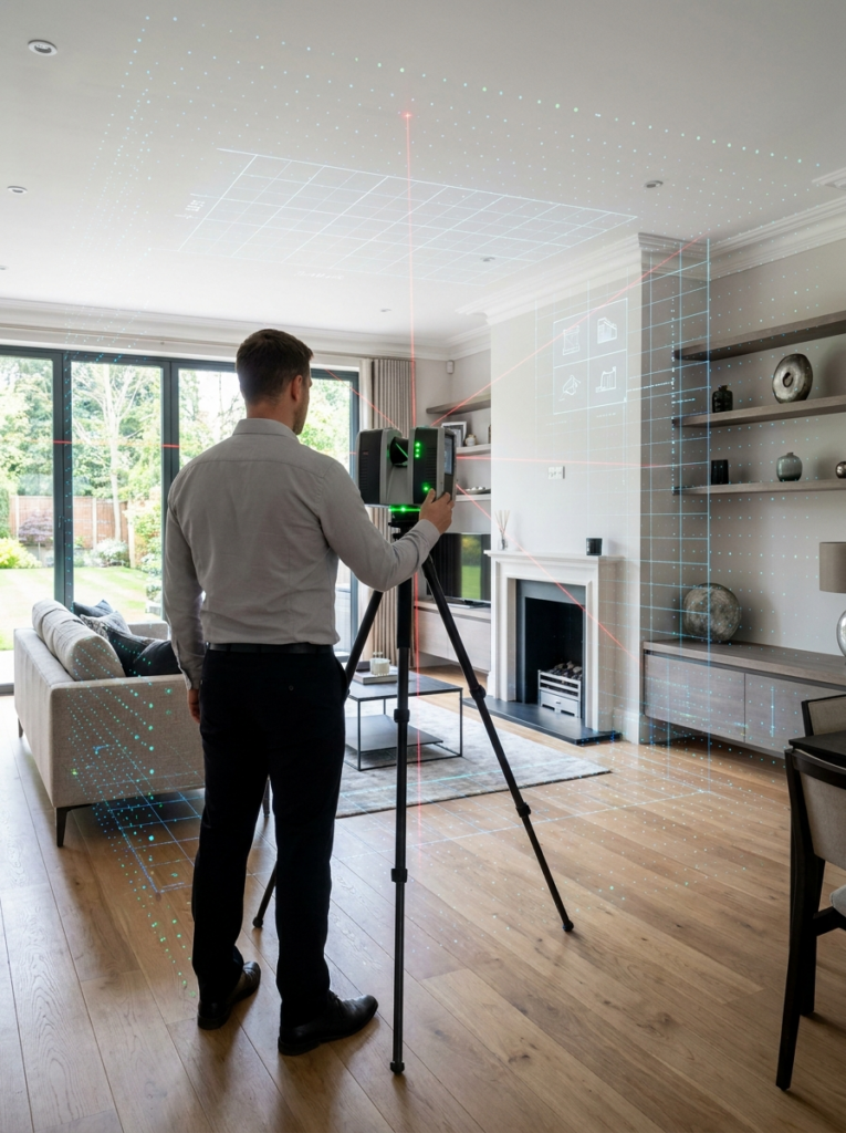 LiDAR measured building surveys in Chelmsford with a surveyor capturing accurate point cloud data inside a property.