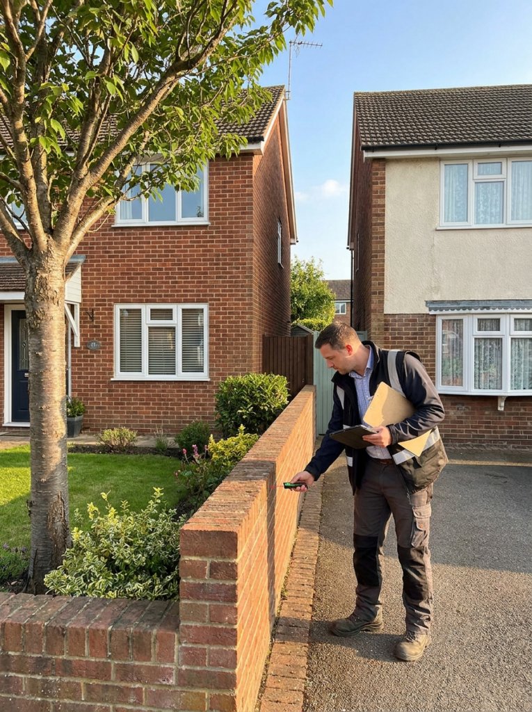 Party Wall surveying services in Chelmsford with a surveyor inspecting neighbouring residential properties.