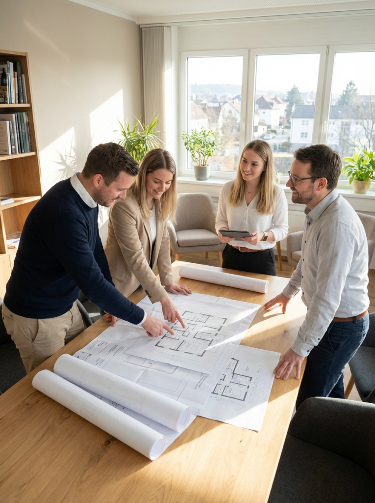 Colchester Architect discussing residential plans during a home design meeting