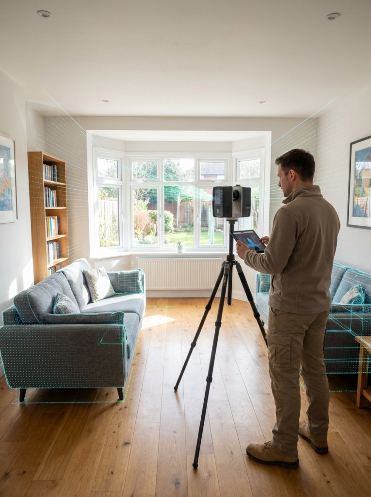 Colchester Architect carrying out a LiDAR measured survey inside a residential property