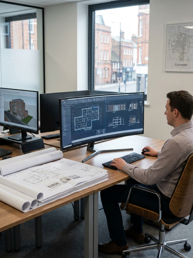 CAD design services in Colchester with professional floor plans and elevation drawings in progress.