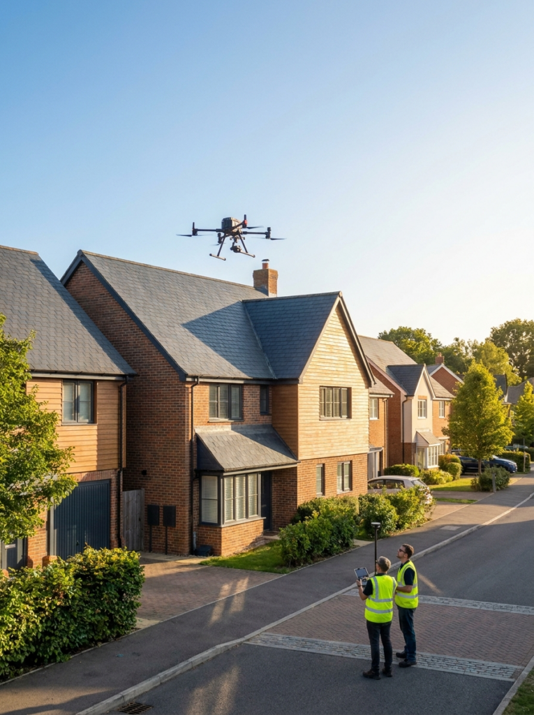 Drone surveys in Colchester showing an aerial inspection of a residential property roof and upper elevations.