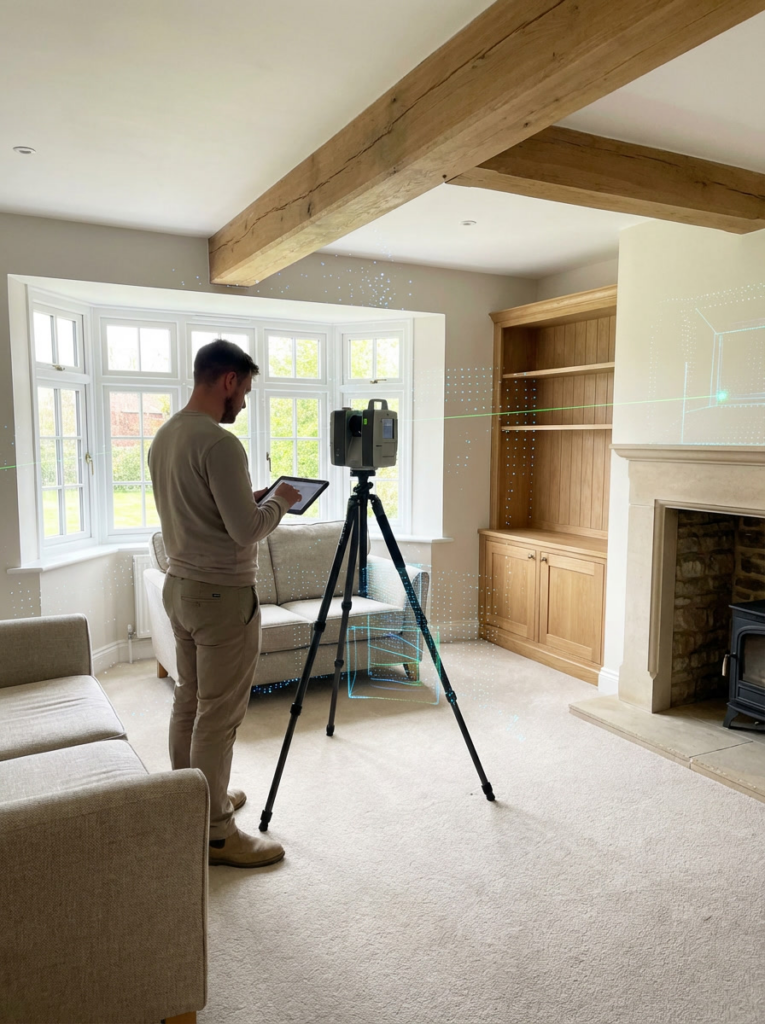 LiDAR measured building surveys in Colchester with a surveyor capturing accurate point cloud data inside a property.