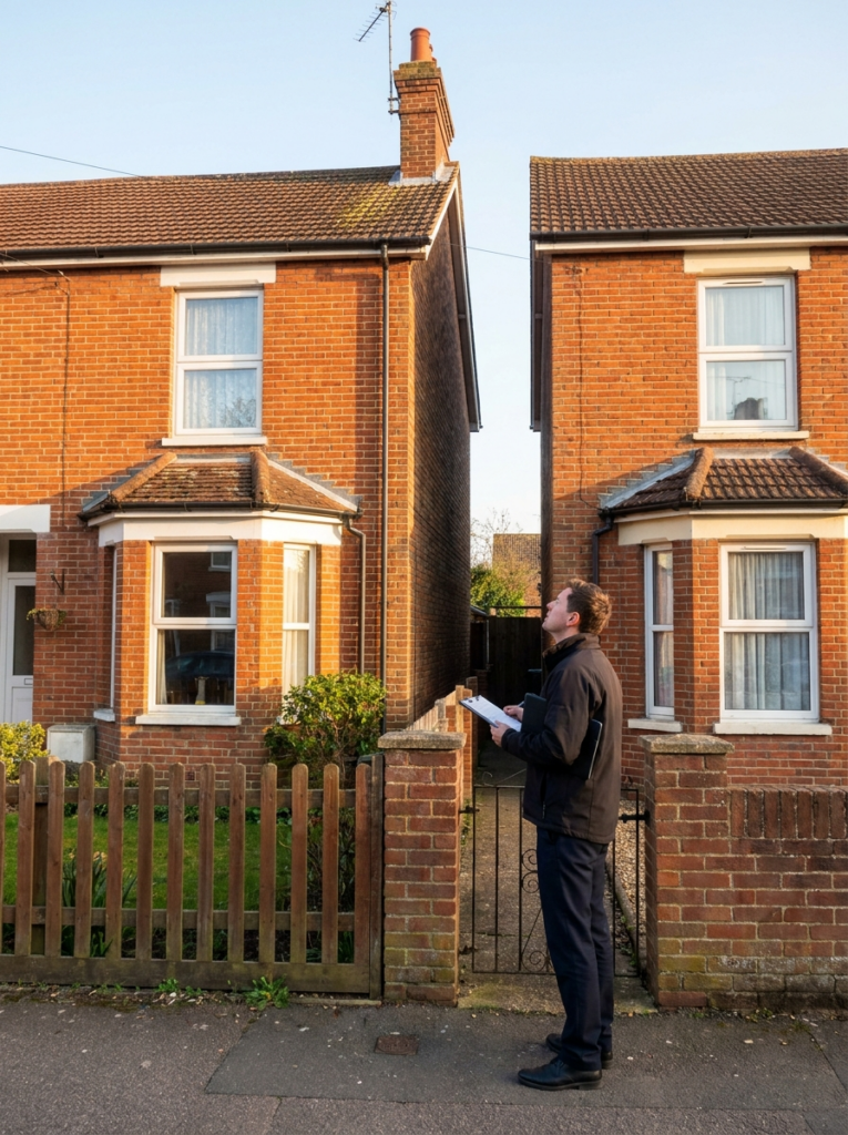 Party Wall surveying services in Colchester with a surveyor inspecting neighbouring residential properties.