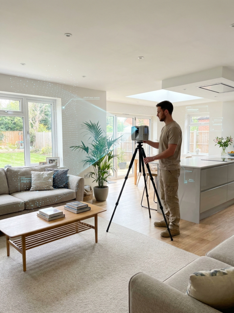 Grays Architect carrying out a LiDAR measured survey inside a residential property