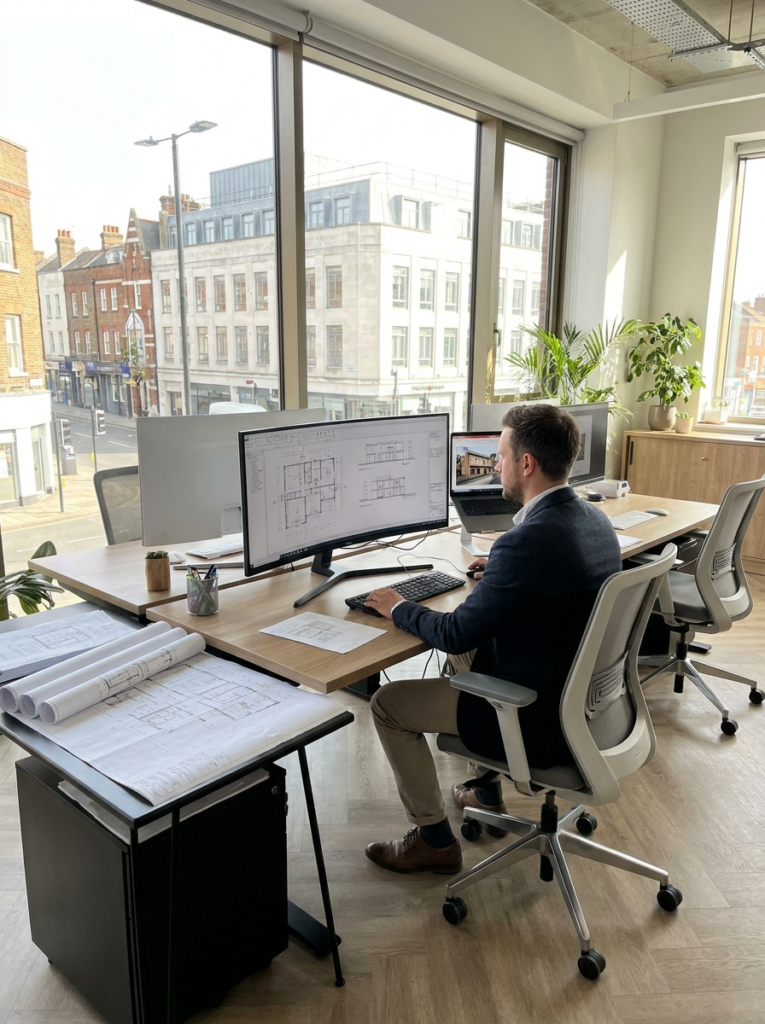 CAD design services in Grays with professional floor plans and elevation drawings in progress.