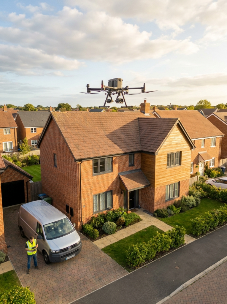 Drone surveys in Grays showing an aerial inspection of a residential property roof and upper elevations.