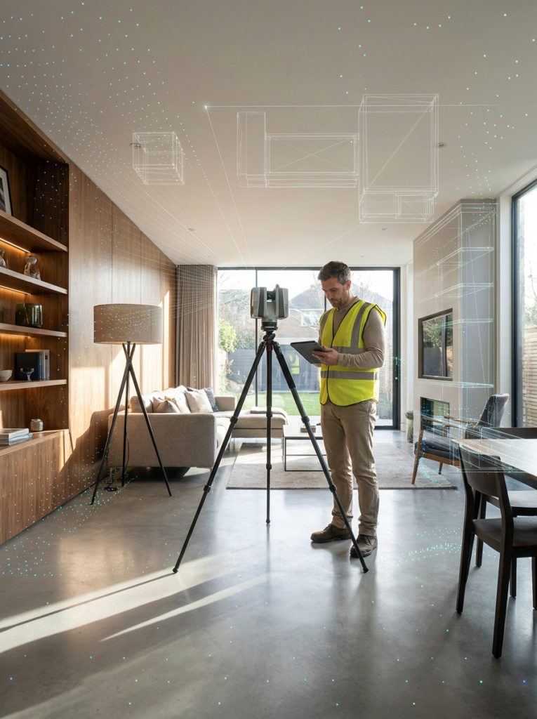 LiDAR measured building surveys in Grays with a surveyor capturing accurate point cloud data inside a property.