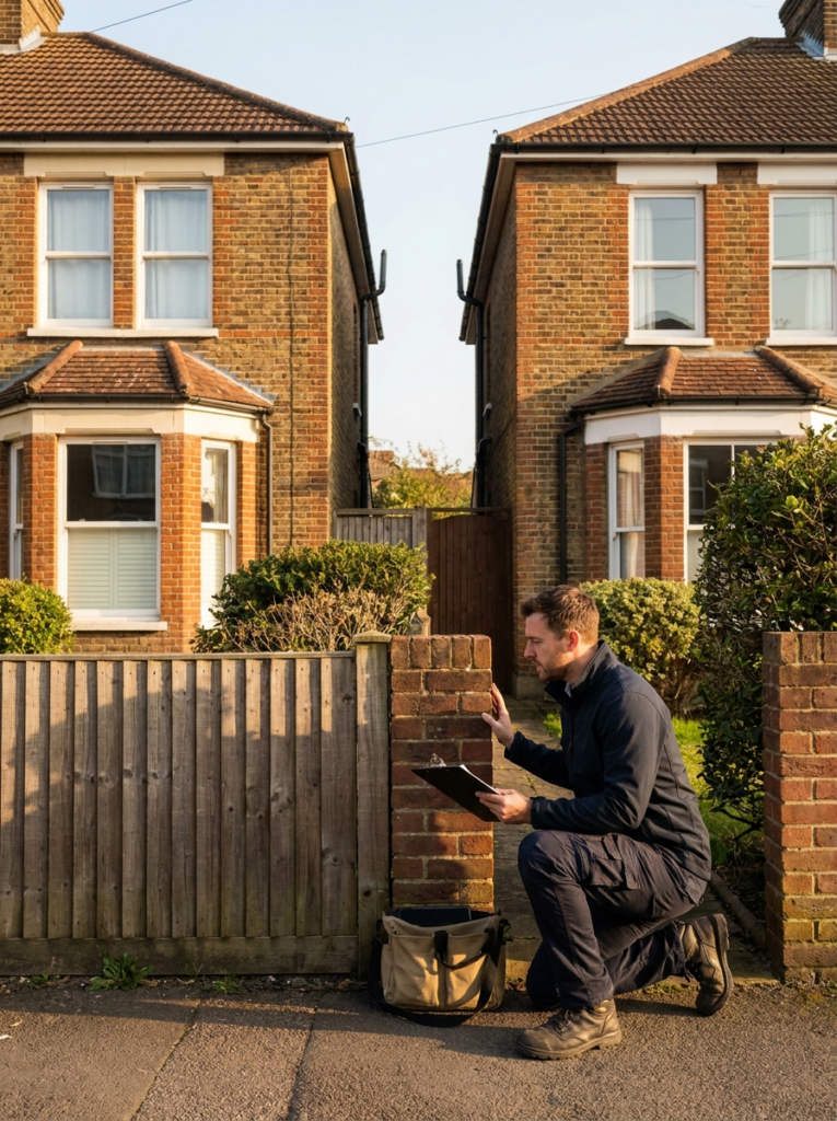 Party Wall surveying services in Grays with a surveyor inspecting neighbouring residential properties.