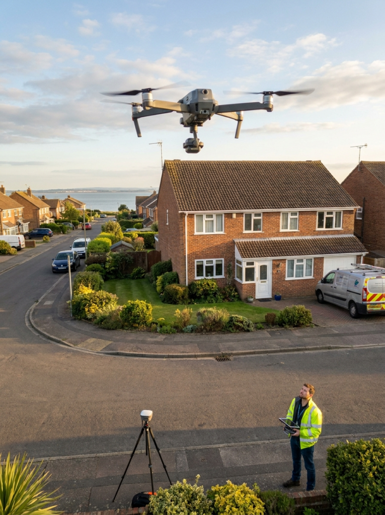 Drone survey in Leigh-on-Sea capturing accurate property information for Land Registry compliant plans.
