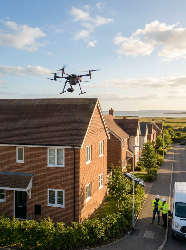 Drone surveys in Leigh-on-Sea showing an aerial inspection of a residential property roof and upper elevations