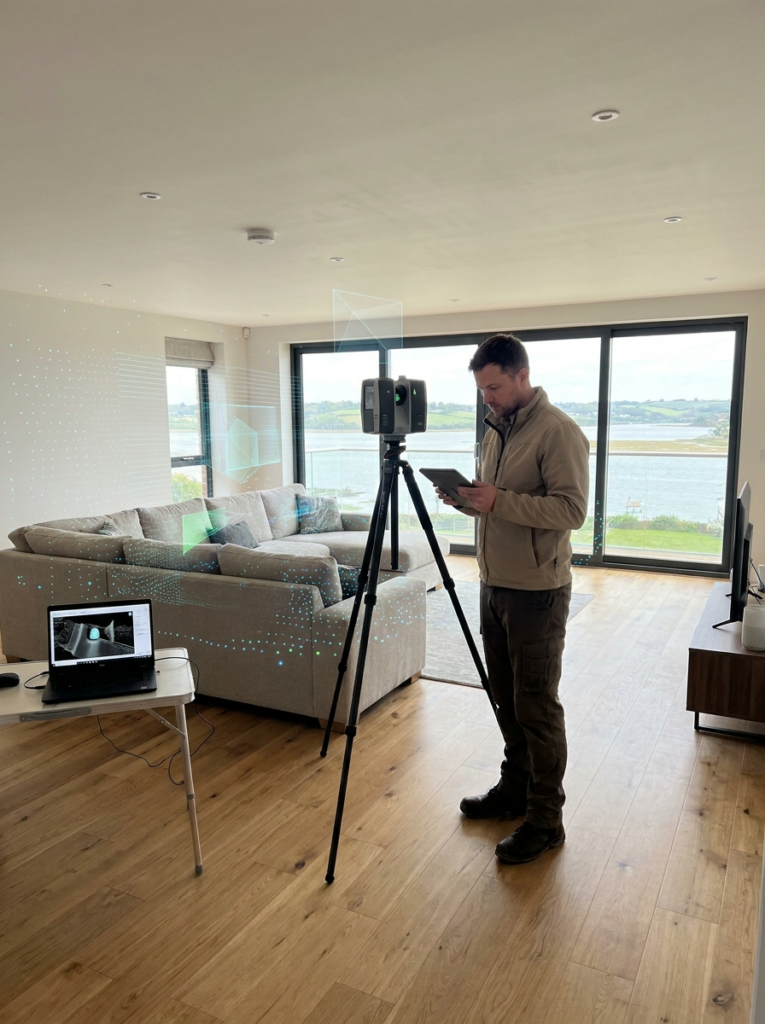 LiDAR measured building surveys in Leigh-on-Sea with a surveyor capturing accurate point cloud data inside a property