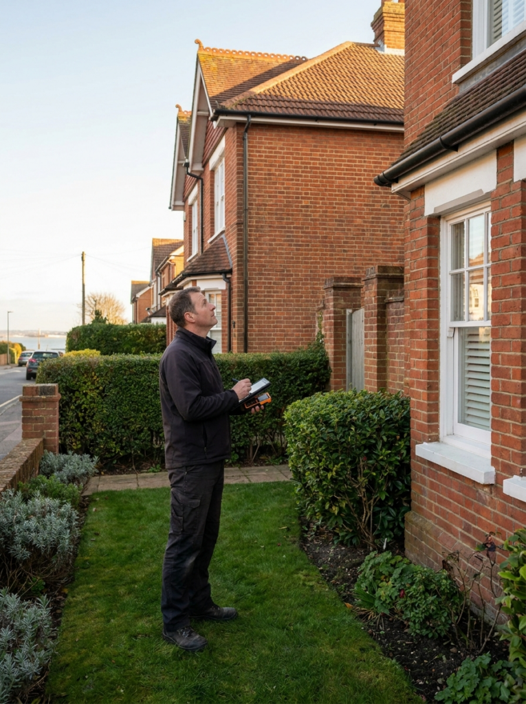 Party Wall surveying services in Leigh-on-Sea with a surveyor inspecting neighbouring residential properties
