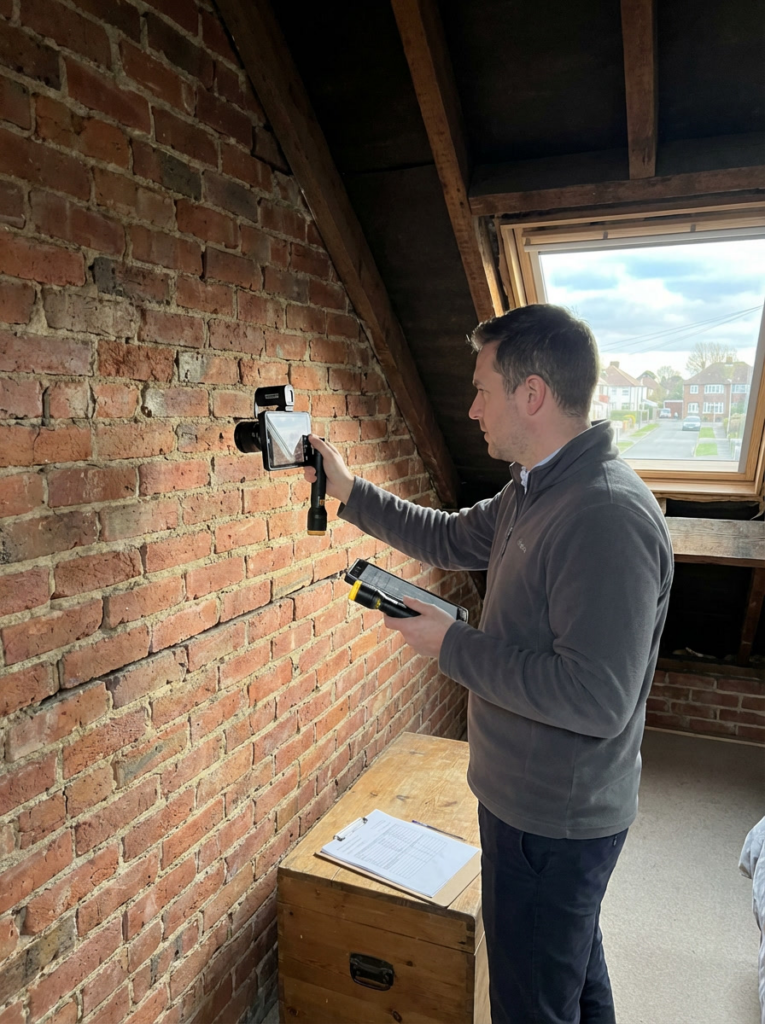 Party Wall surveyor in Benfleet carrying out a schedule of condition inspection inside a residential property.
