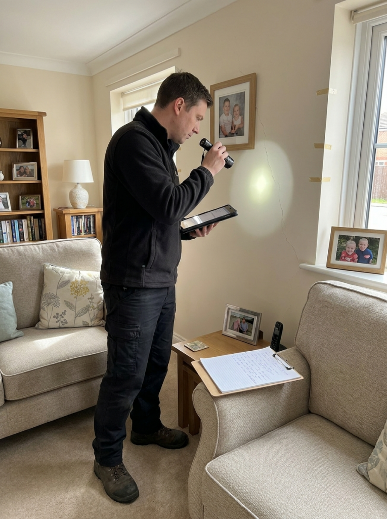 Party Wall surveyor in Canvey Island carrying out a schedule of condition inspection inside a residential property.