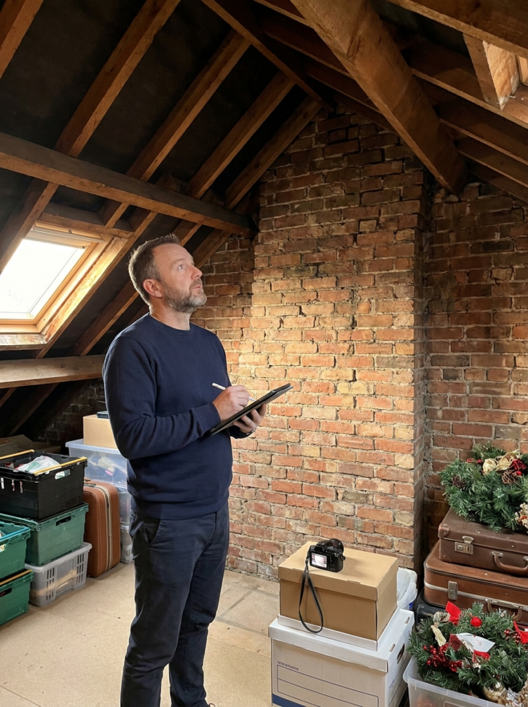 Party Wall surveyor in Canvey Island inspecting the shared party wall within a domestic loft space.
