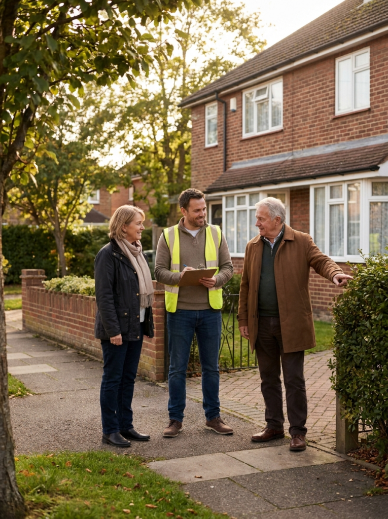 Party Wall surveyor in Chelmsford discussing Party Wall matters calmly with neighbouring owners.