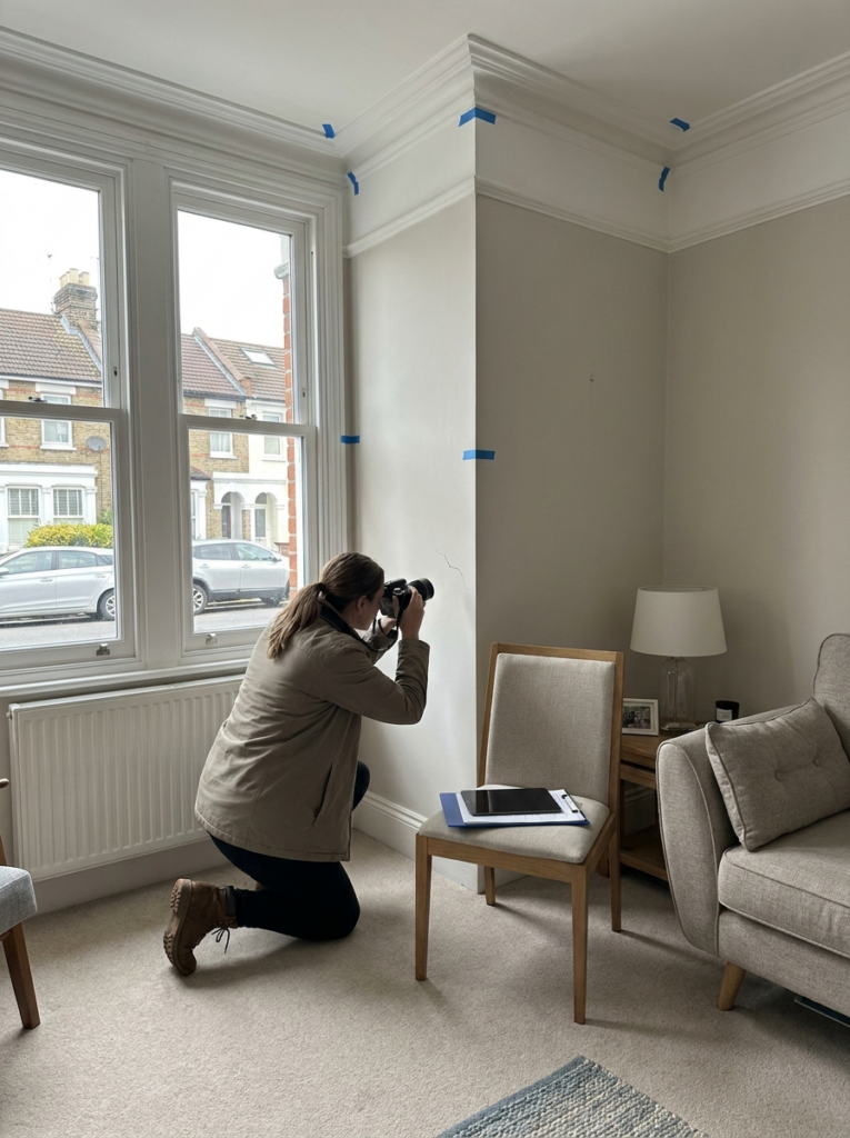 Party Wall surveyor in Chelmsford carrying out a schedule of condition inspection inside a residential property.