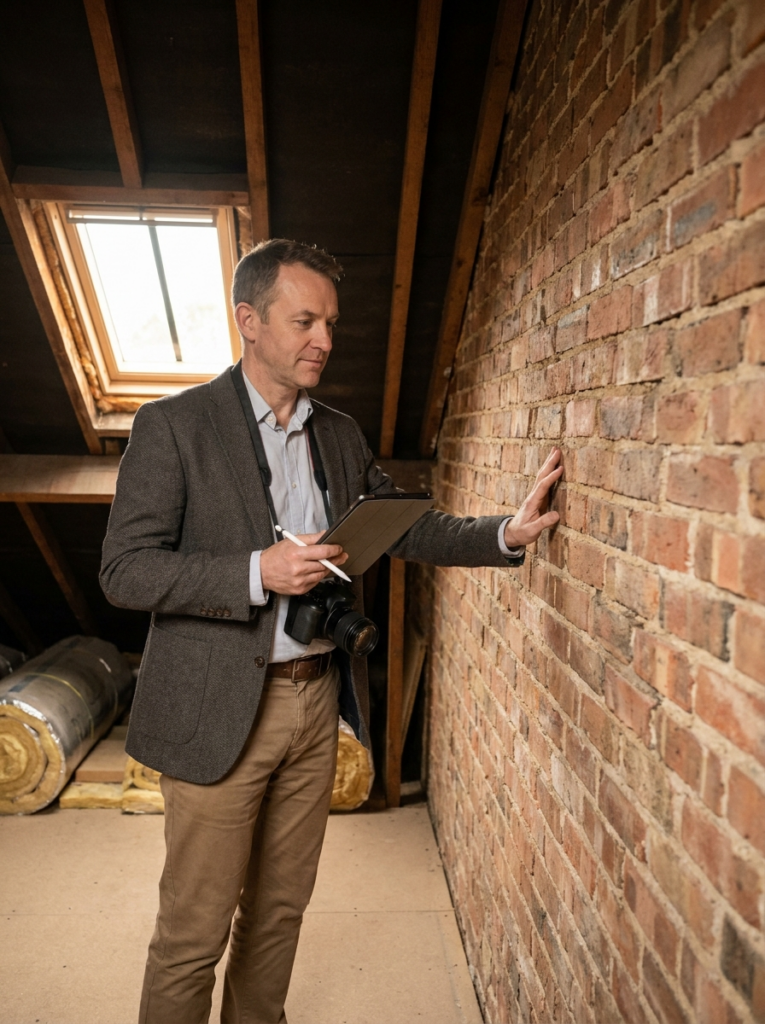 Party Wall surveyor in Colchester inspecting the shared party wall within a domestic loft space.