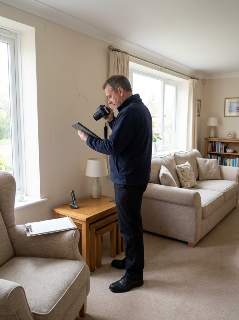 Party Wall surveyor in Colchester carrying out a schedule of condition inspection inside a residential property.