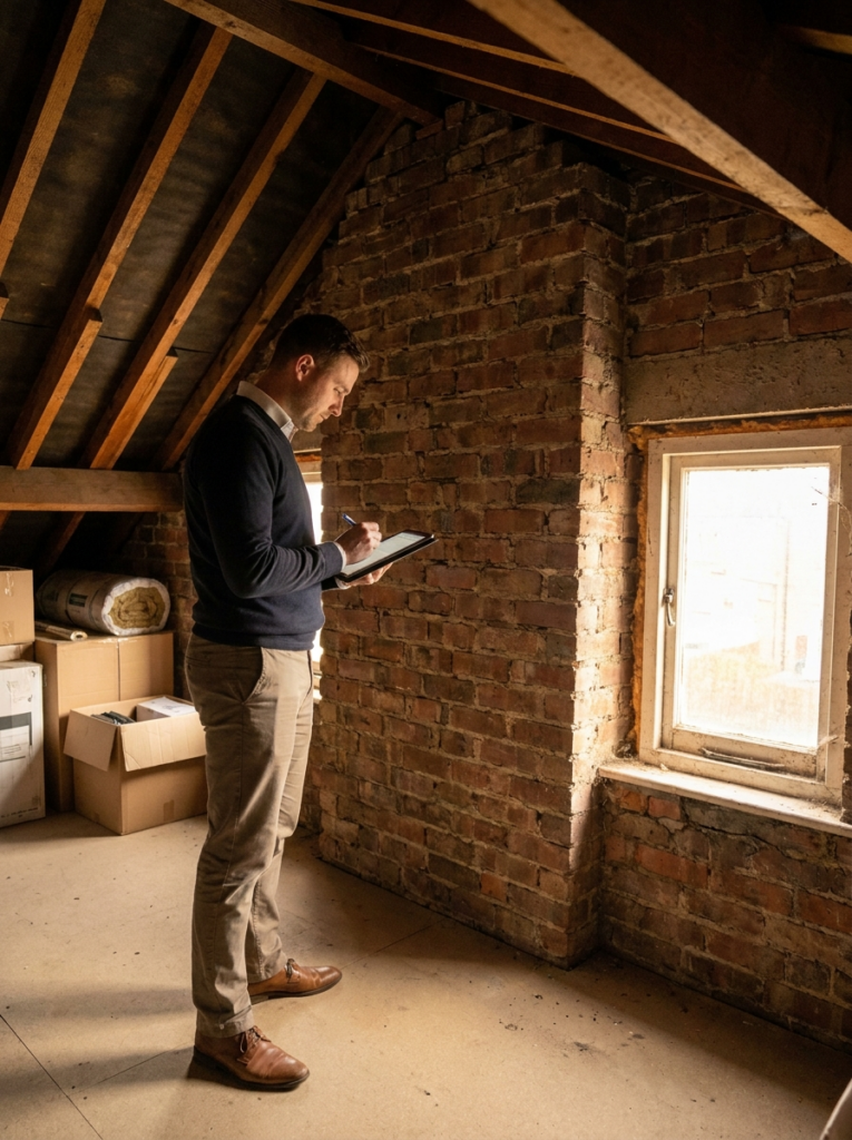 Party Wall surveyor in Grays carrying out a schedule of condition inspection inside a residential property.