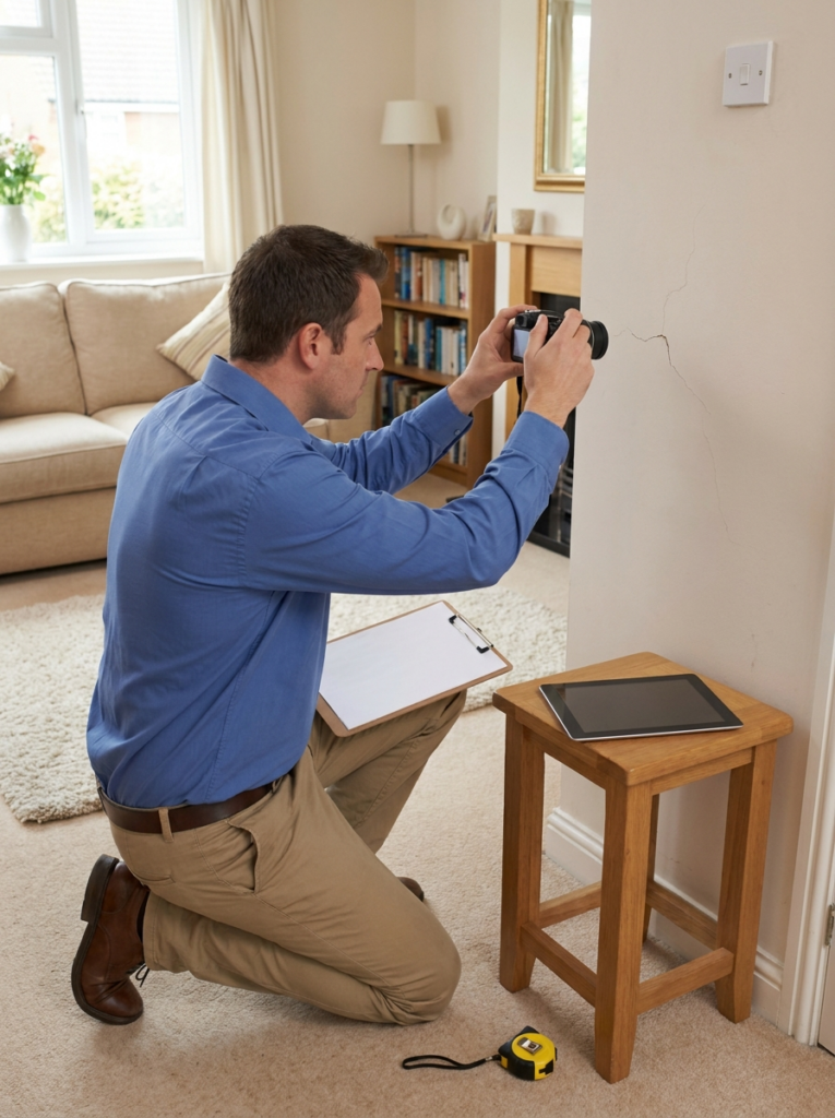 Party Wall surveyor in Grays carrying out a schedule of condition inspection inside a residential property.