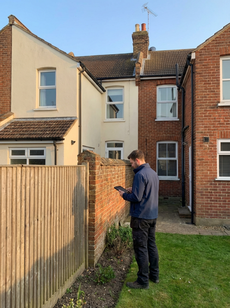Party Wall surveyor in Leigh-on-Sea inspecting the shared party wall within a domestic loft space.